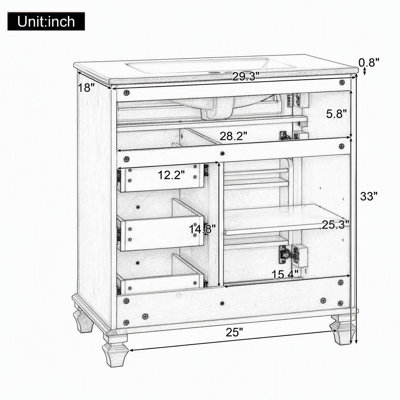 Meuble-lavabo autoportant de 30 po avec lavabo en céramique, tiroir escamotable et 3 tiroirs