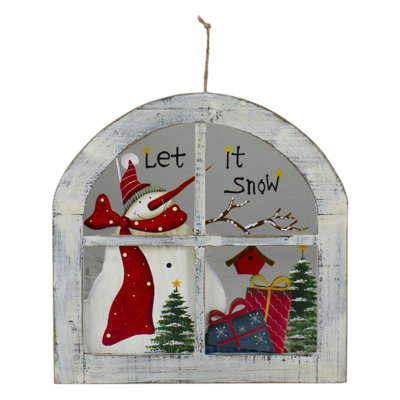 White Rustic "Let It Snow" Snowman Glass Window Scene Christmas Wall Decor