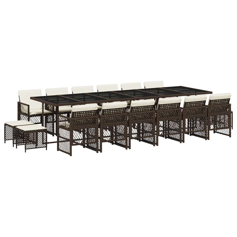 Patio Dining Set with, Cream White, 17 Pieces: Table, 4 Stools, 12 Chairs, Brown