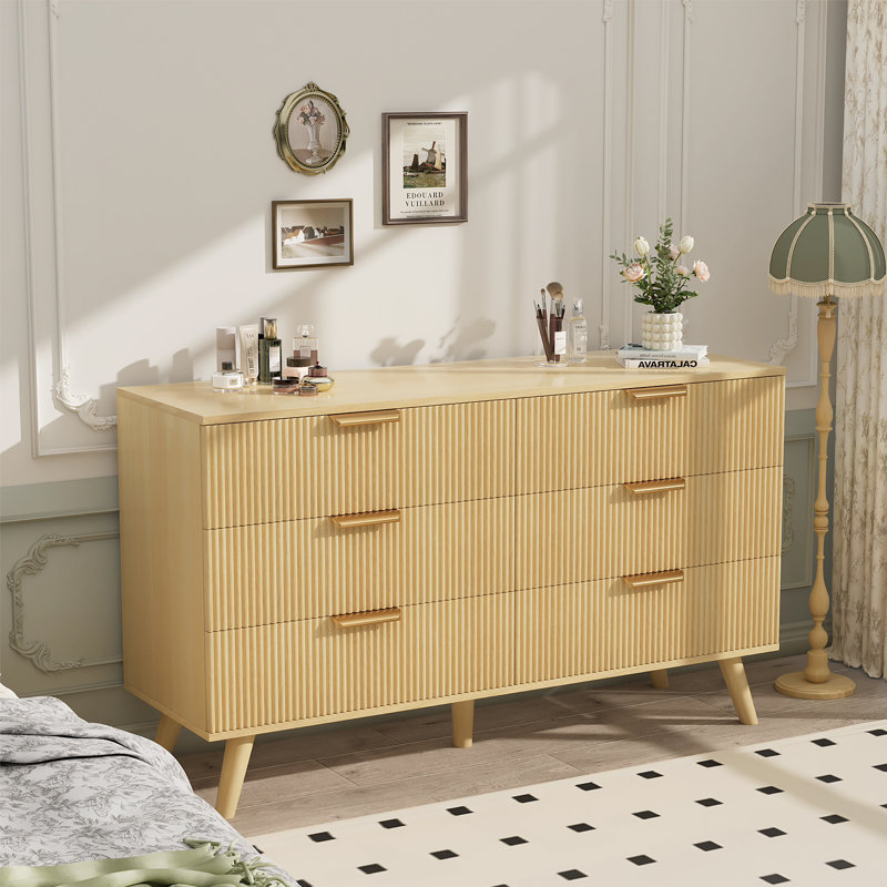 Commode pour chambre à coucher, commode 6 tiroirs avec poignées dorées, commodes modernes en bois et commodes, Naturel