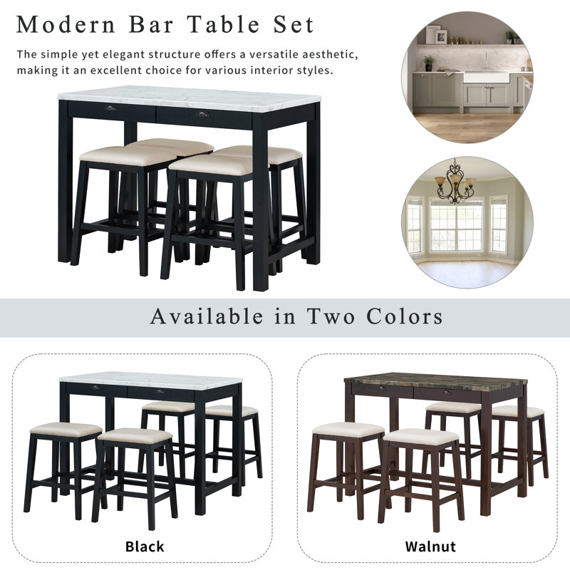 Modern Bar Dining Table Set With Storage Drawers And Padded Stools, Black