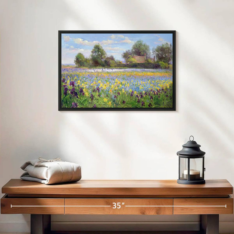 Ferme et champ d'iris, 19 po x 13 po, Cadre flottant noir