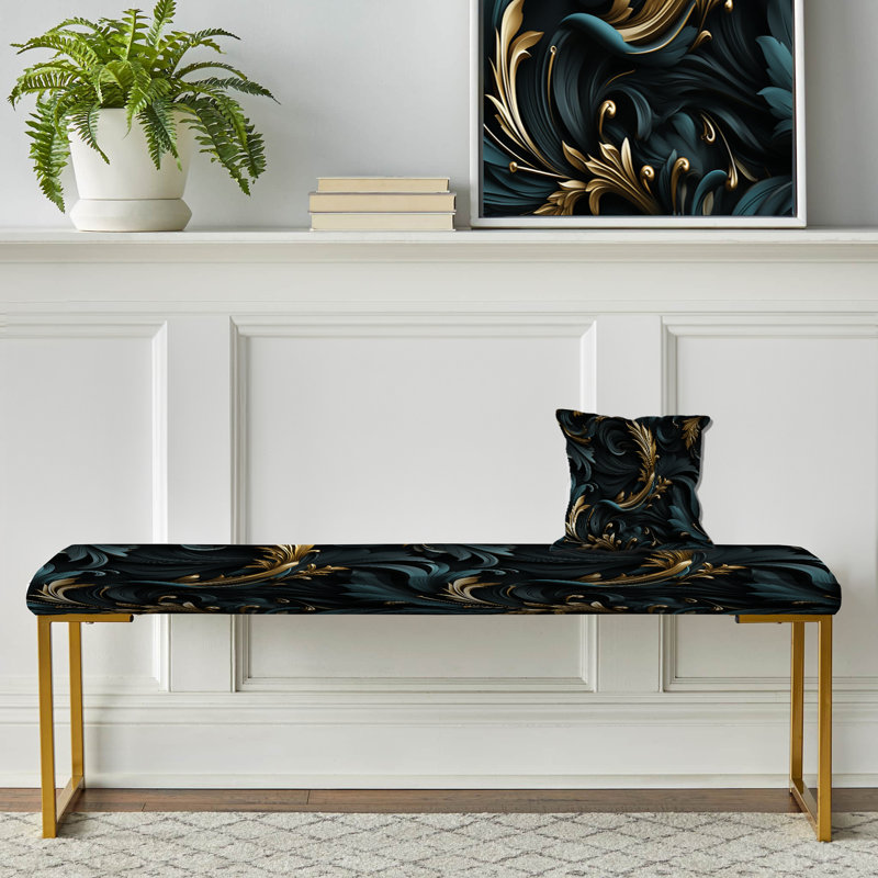 Banc rembourré à motif cachemire noir et or Paisley, Paisley Black And Gold Elegant Ebony
