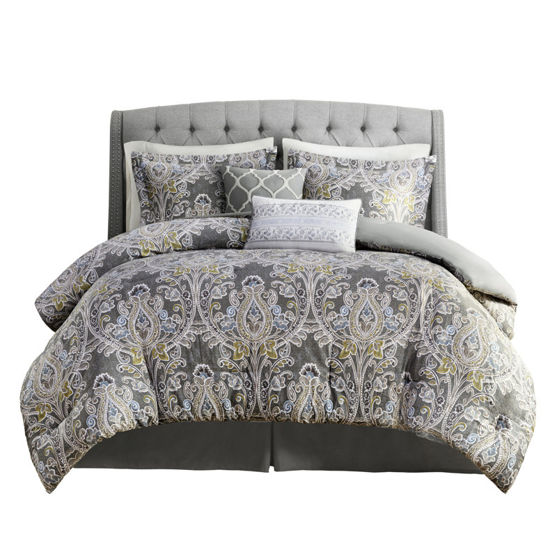 Édredon gris en coton 6 pièces - Motif époustouflant avec détails bleu et jaune