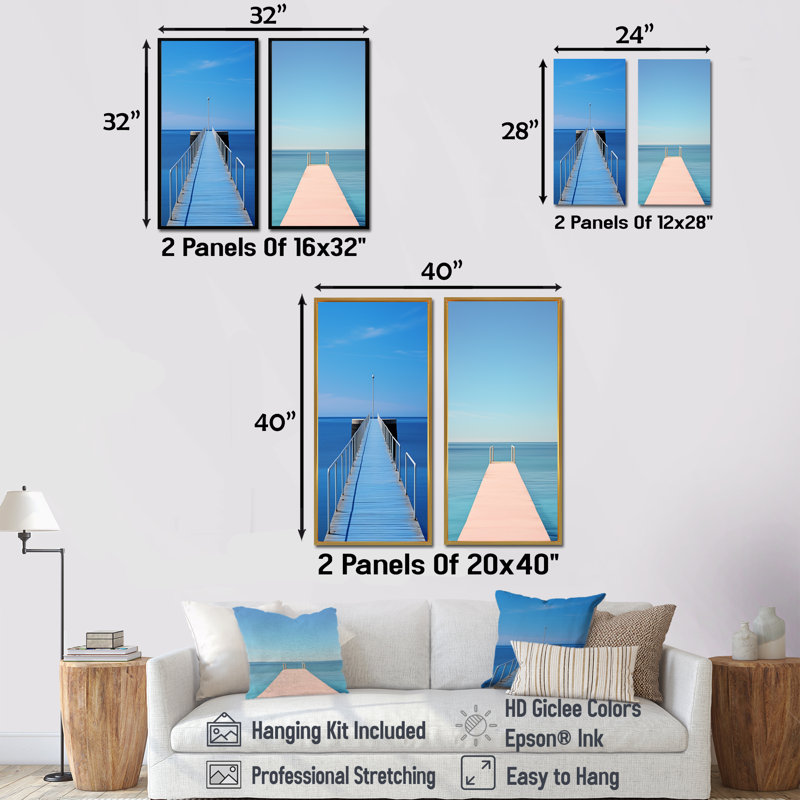 Coastal Blue Pier Perspect - ensemble de 2 impressions sur toile côtières, H 28 po x l 25 po, Toile tendue