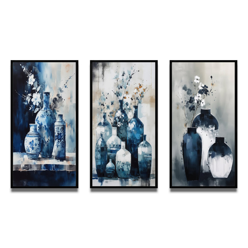 «Blue And Cream Bohemian Vibes Pottery», 3 pièces sur toile, Cadre flottant noir, H 20 po x l 36 po