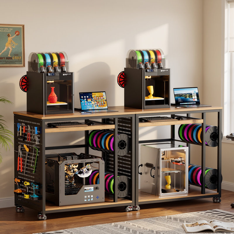 Support pour imprimante 3D avec plan de travail à filament, grande table d'imprimante 3D à 3 niveaux avec prise de courant et roulettes de nivellement, bureau pour imprimante à roulettes robuste avec panneau perforé pour atelier / bureau / studio