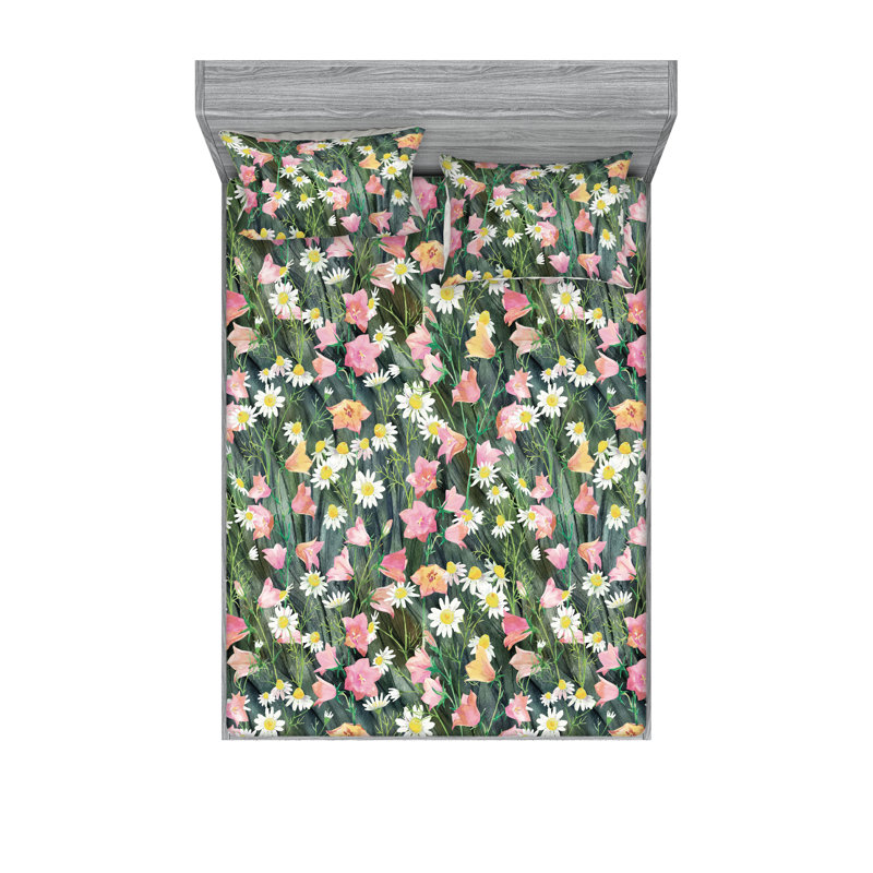 Drap-housse et taies décoratives 3 pièces Ambesonne, Vert fougère, rose, jaune / floral