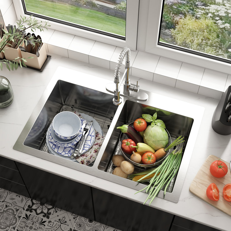 33'' Drop-In Double Bowl Stainless Steel Kitchen Sink with Accessories