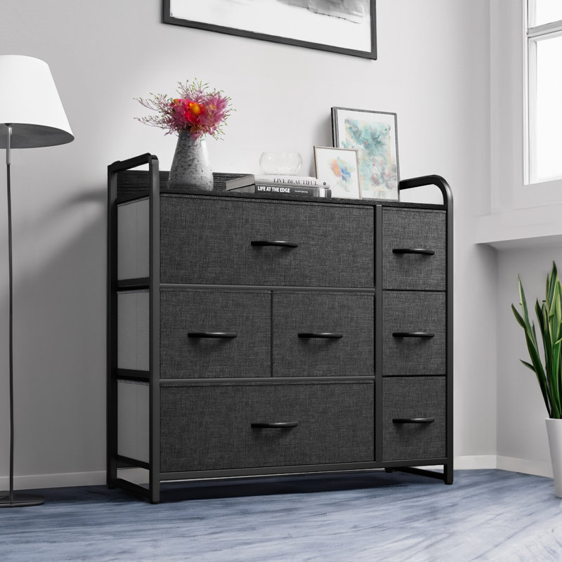 Rangement facile avec 7 tiroirs en tissu, Gris clair / blanc / naturel
