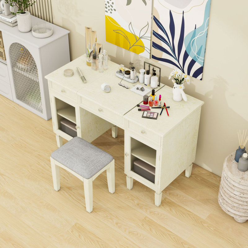 Bureau de coiffeuse 2 en 1 avec miroir, tabouret rembourré et grand rangement