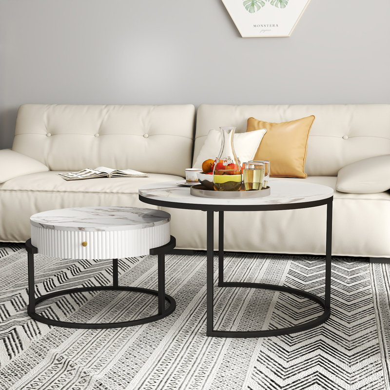 Round Nesting Coffee Table Set Of 2, Modern Side End Tables With Marble Pattern And Metal Frame, Modern Coffee Table With Hidden Compartment For Living Room, Apartment, Office