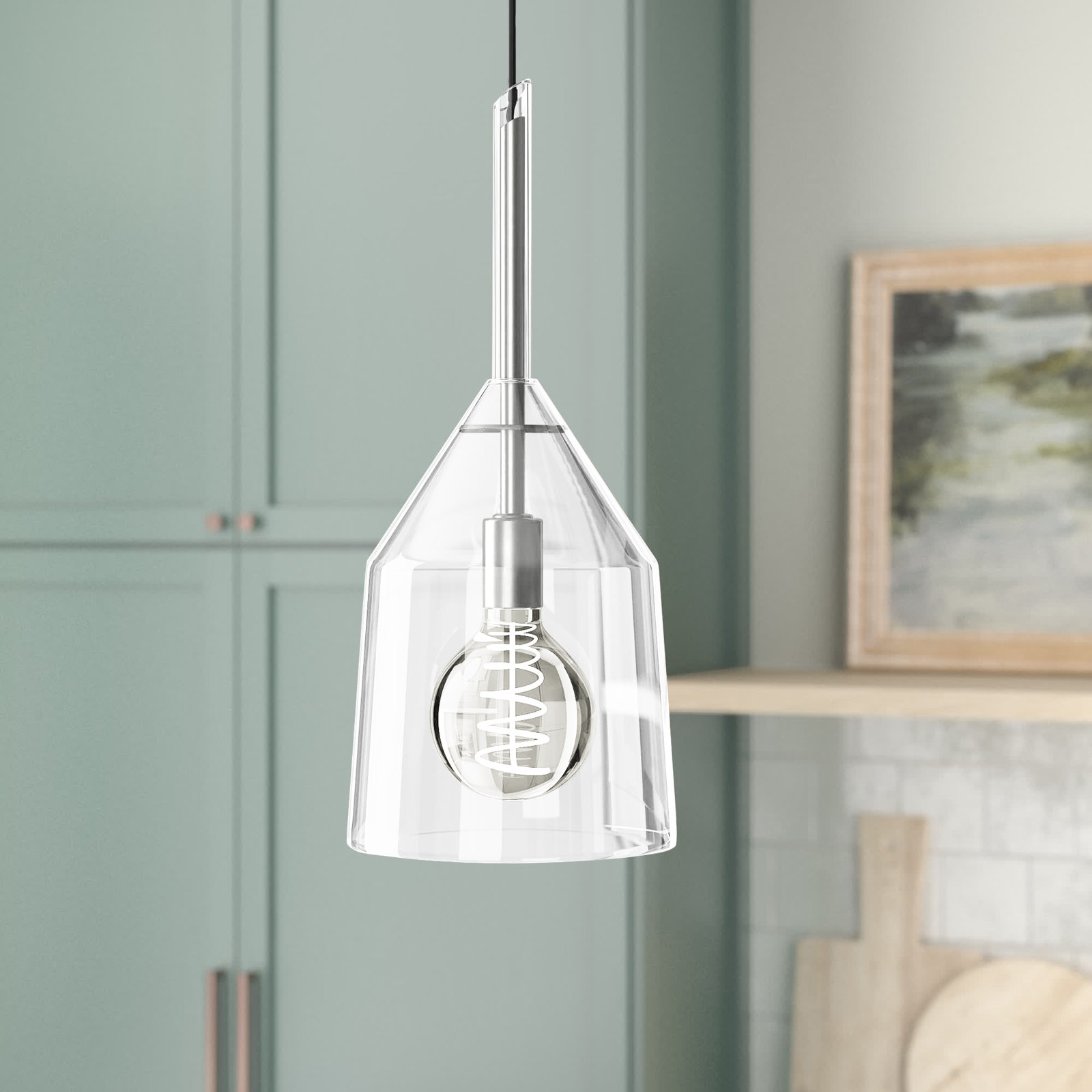 Maya Single Light Glass Dimmable Pendant, Polished Nickel, 23" H x 9.5" W x 9.5" D