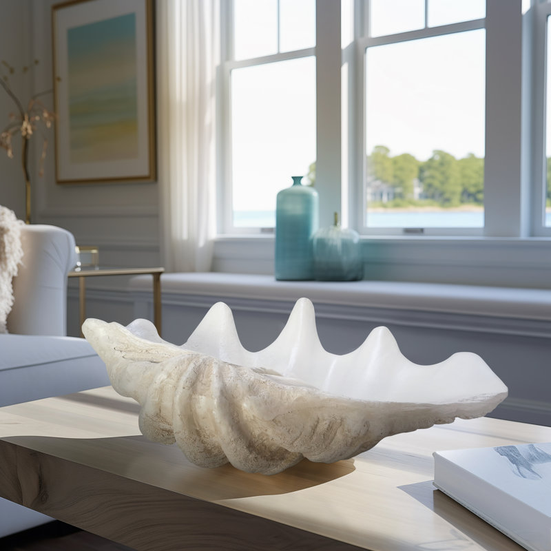Bequette Resin Polyresin Coastal Decorative Clam Shell Bowl with Sculptural Wavy Rim - Elegant Modern Accent Bowl for Display or Storage - Stylish Textured Centerpiece for Home Decor
