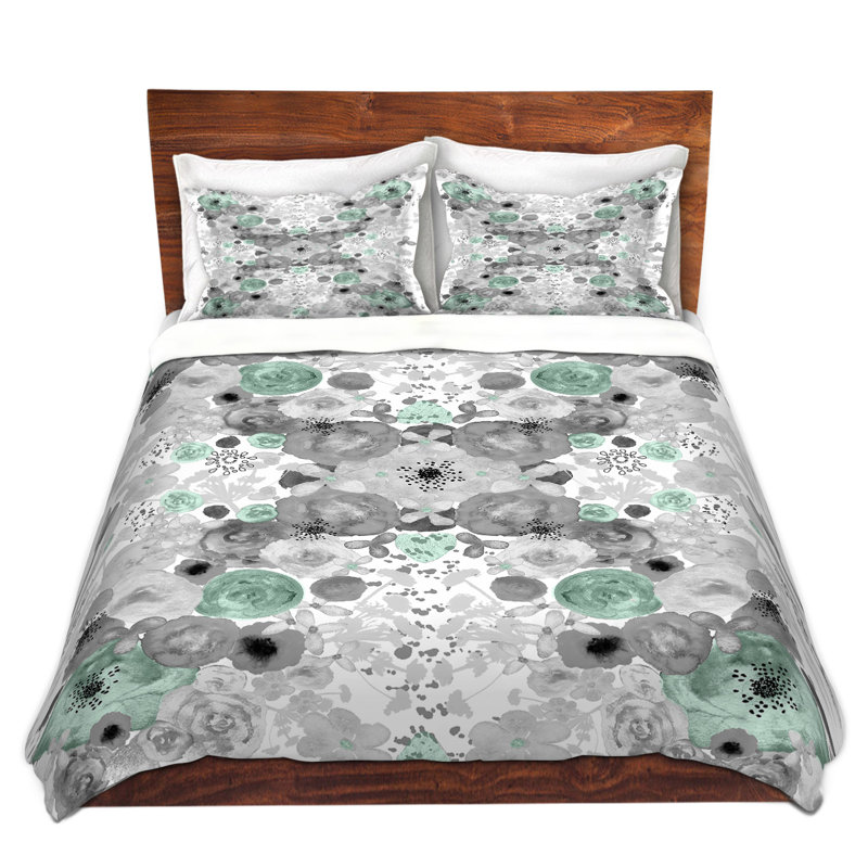 Ensemble de housse de couette romantique fleuris, Housse simple + 1 taie décorative, Gris / menthe / blanc
