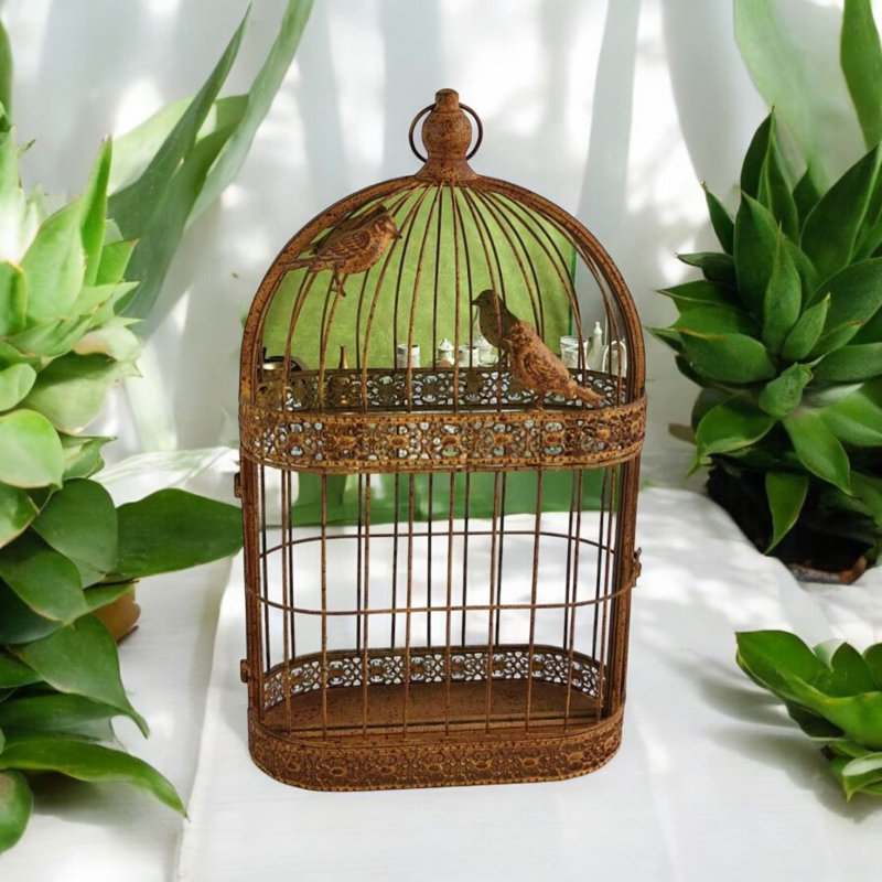 Rusty Bird Cage Garden Wall Mirror Antique Metal Indoor Outdoor Hanging Decorative Accent Decor, Gold
