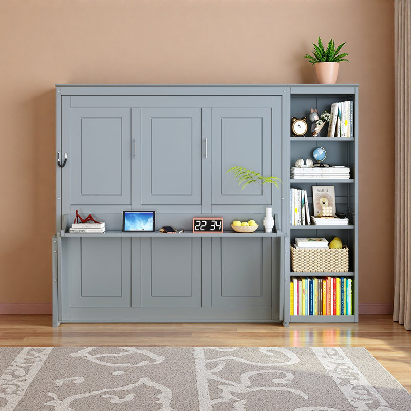Lit escamotable avec bureau et bibliothèque Murphy, Gris, Grand