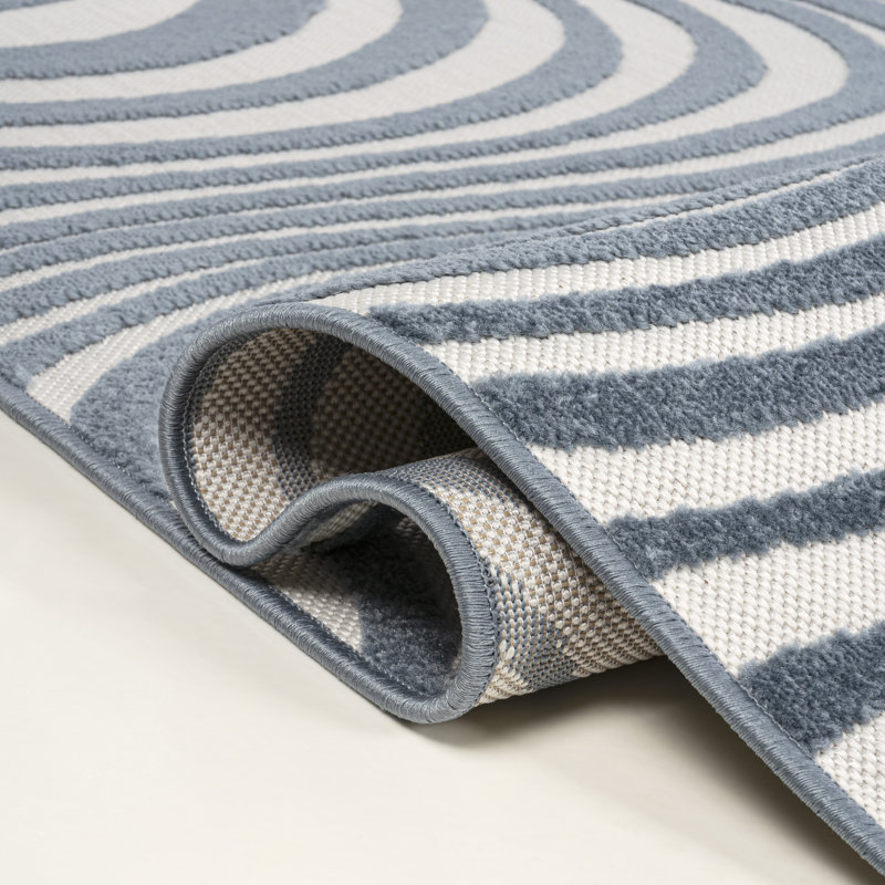 Amorra High-Low Abstract Groovy Striped Dark Blue/Cream Indoor/Outdoor Rug, Rectangle 5'3" x 7'7"