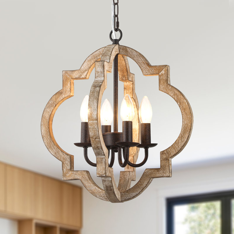 Lustre rustique en bois à 4 lumières 16 po, lustre rustique géométrique pour le salon, le couloir