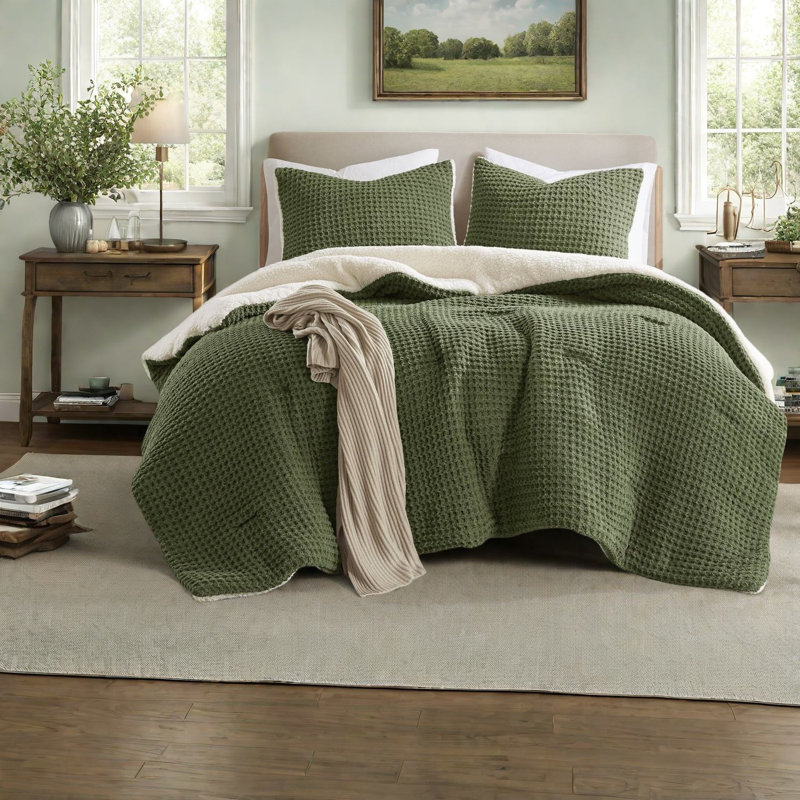 Luxurious Chenille Bedding Sets, Queen Size Waffle Knit, Cozy Olive Comforter