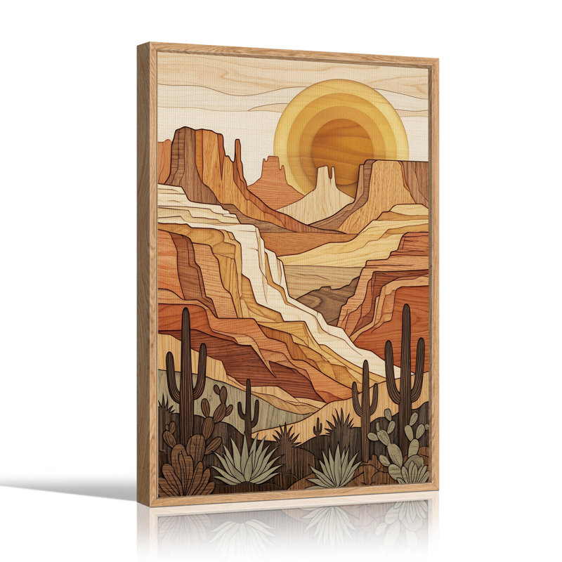 Tableau sur toile représentant un canyon désertique aux tons de bois superposés avec des cactus, H 36 po x l 24 po