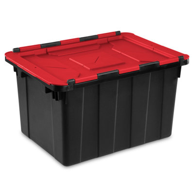 Sterilite 12 Gallon/45 Liter Hinged Lid Industrial Tote, Red Lid