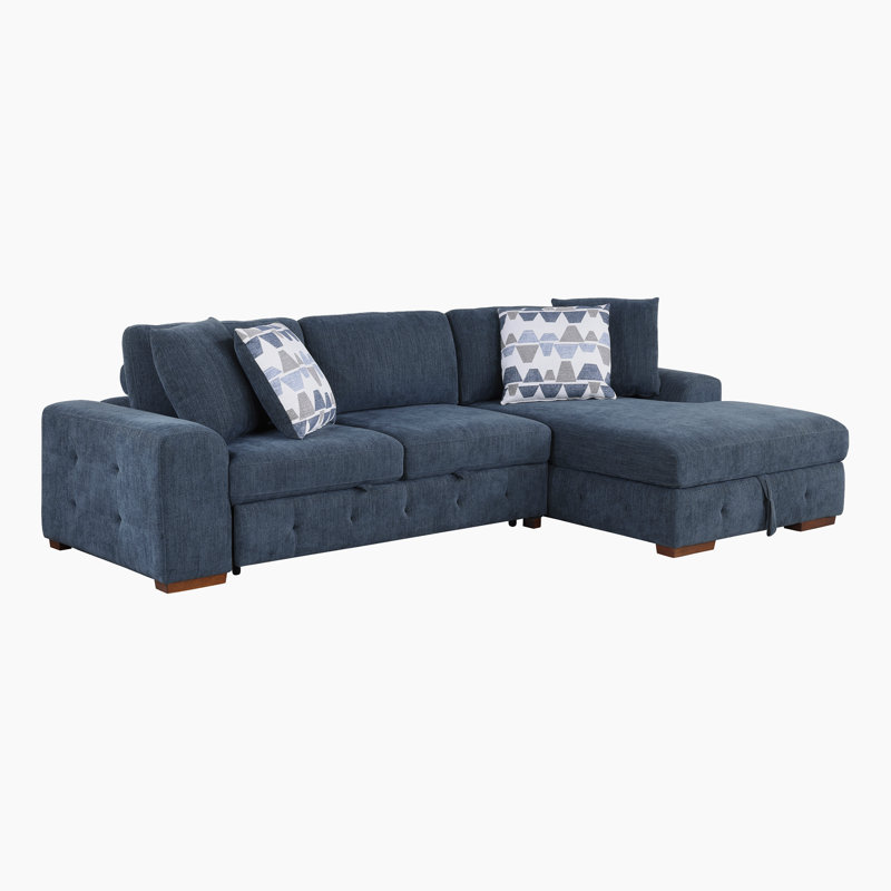 Odesser 115" W 2-Piece Chenille Sleeper Sectional, Blue Chenille, Right Hand Facing