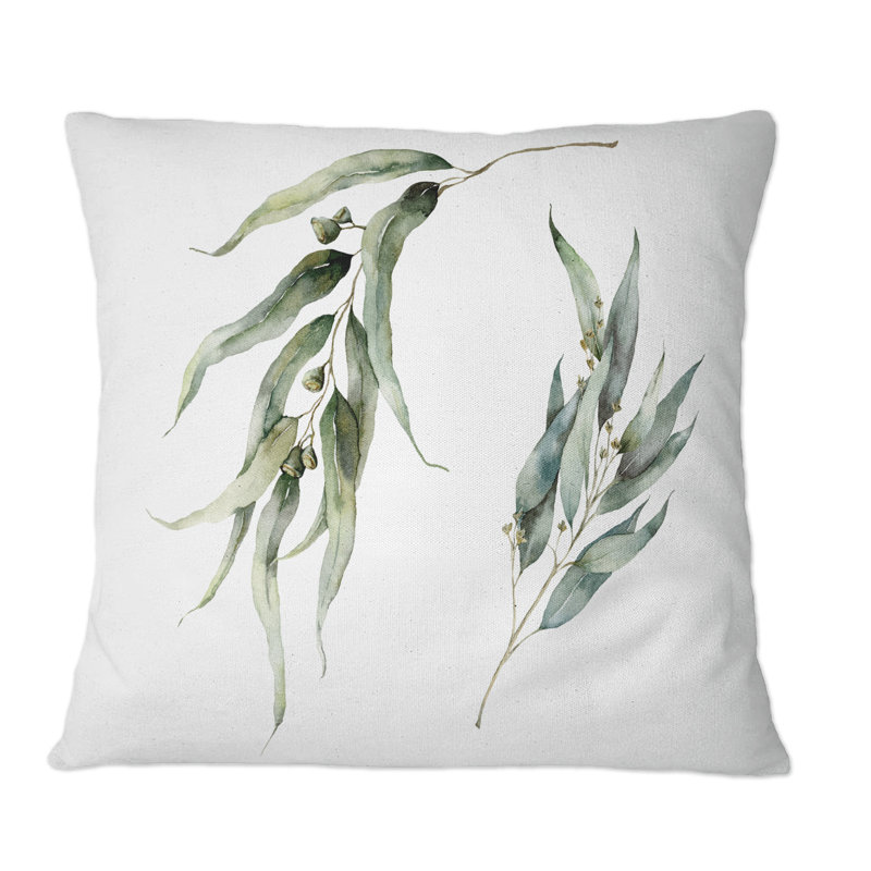 Branches d'eucalyptus minimalistes - Coussin décoratif à imprimé traditionnel, 16 po x 16 po