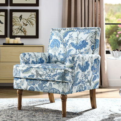 Blue And White Traditional Floral Armchair, Nailhead Trim, Solid Wood Legs, Style, High - Density Comfort For Living Room Or Reading Area Armchair With Trim Design, Versatile Bedroom Nook,