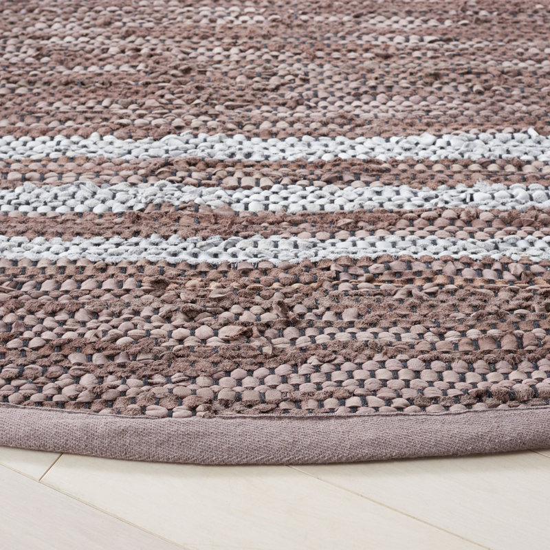 Riehle Hand Woven Leather/Cotton/Jute Rug in White/Gray, Round 7'