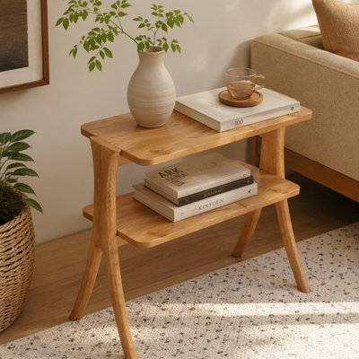 Wood End Table, Farmhouse Side Table with 2-Tier Storage Shelf