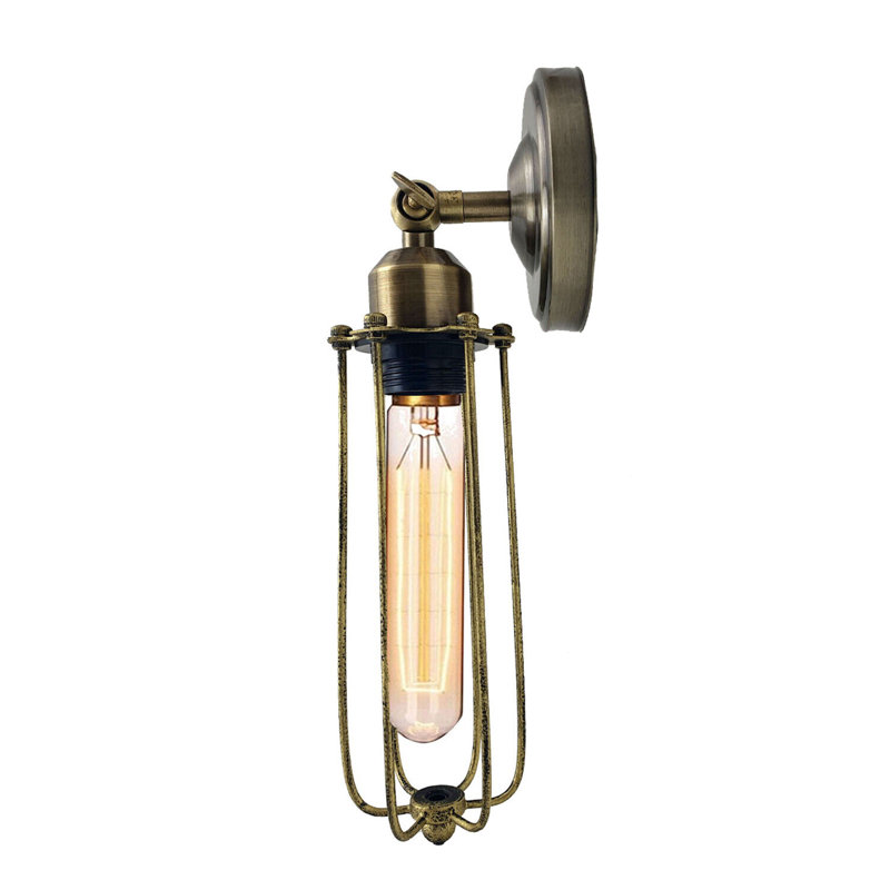 Vintage Industrial Adjustable Cage Wall Sconce – Retro Metal Wire Lamp E27 For Bedroom, Kitchen, Hallway, Brushed Brass, No