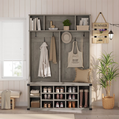 Meuble d'entrée 5 en 1 de style ferme avec banc, patères, casiers à chaussures et tablette supérieure, organisateur extra-large en bois d'ingénierie pour vestibule et couloir