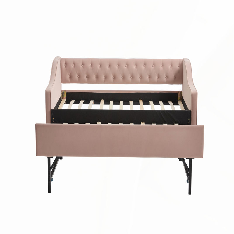 Twin Size Upholstered Daybed with Trundle, USB Port, Side Pockets, and Velvet Button-Tufted Back for Modern Bedrooms, Pink