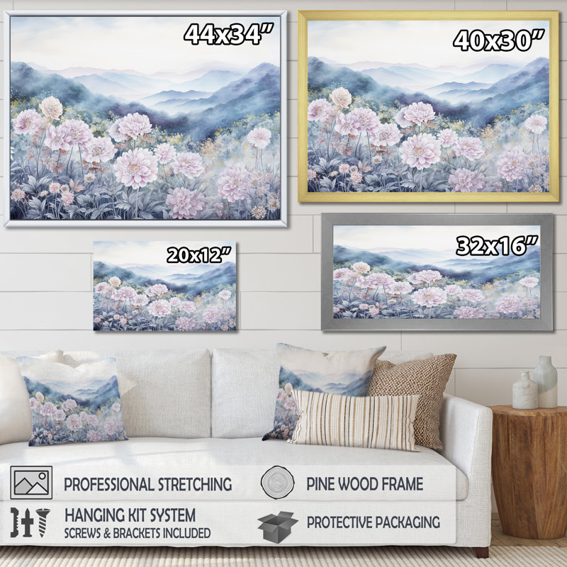 Fleurs de mamans dans un paysage de montagne I, Cadre simple blanc, H 16 po x l 32 po x P 1 po