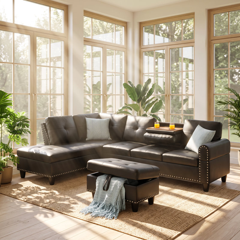 Canapé d'angle Irine en similicuir, 249 cm (L) x 180 cm (P) x 84 cm (H), avec pouf de rangement
