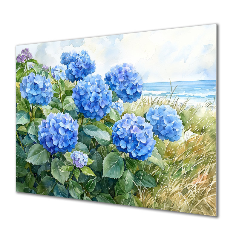 Hydrangeas in the Coastal Garden I - Hydrangea, impression murale sur métal, H 12 po x l 20 po