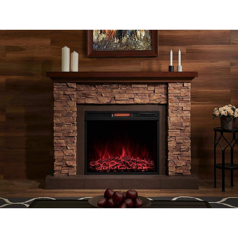 Feico Stackstone Electric Fireplace Mantel Package - Stacked Stone Design with Wood Shelf - 1,000 SQ FT