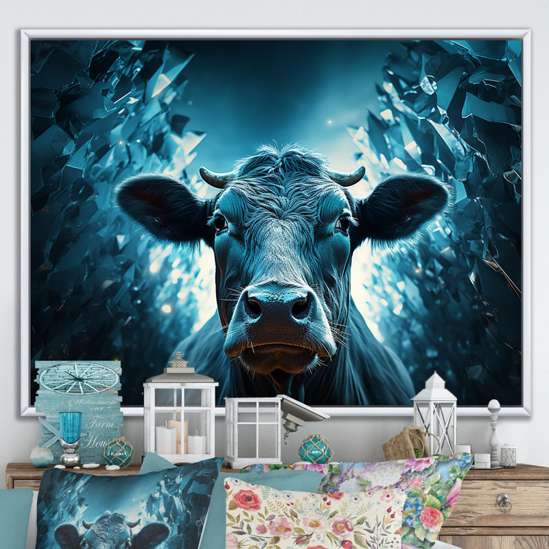 Portrait d'une vache bleue, H 34 po x l 44 po x P 1,5 po, Cadre flottant blanc