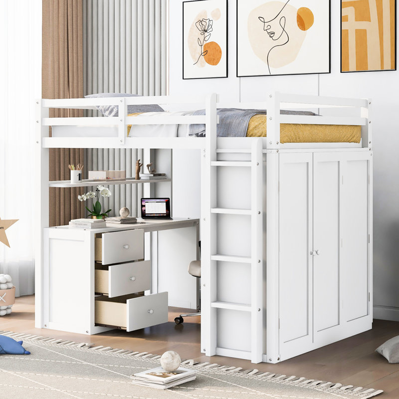Lit mezzanine double, blanc, avec tiroirs, bureau et garde-robe - Structure en pin blanc avec instructions faciles à assembler