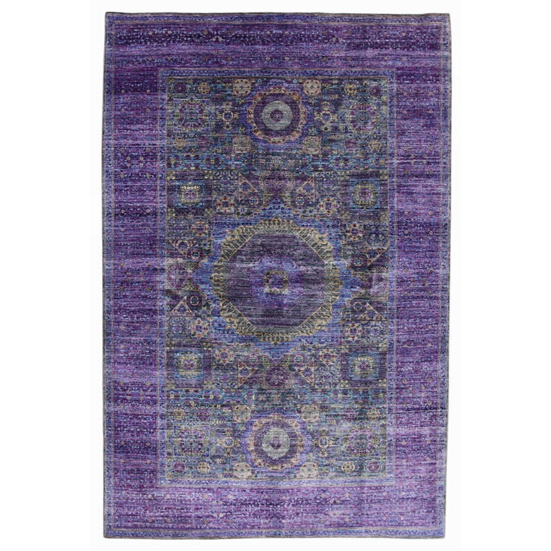 Hand Knotted Wool Area Rug in Gray And Purple