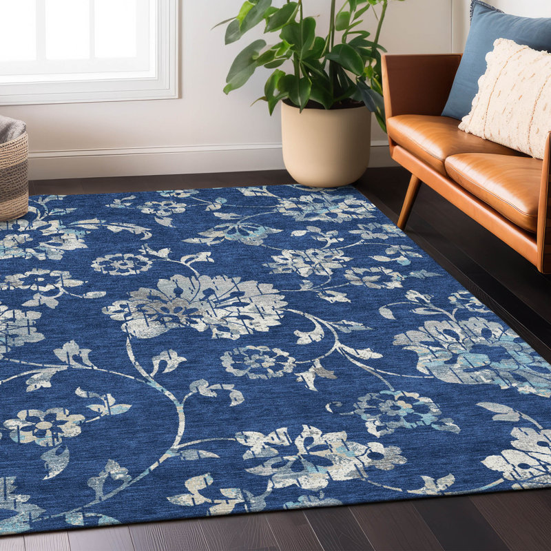 Tapis bleu marine en polyester tissé à la machine tissé à la machine intérieur / extérieur Charyse
