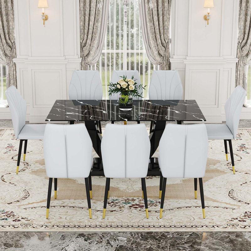 Marble Pattern Tempered Glass Dining Set - With 8 PU Chairs With A Widened Backrest Design, Light Grey