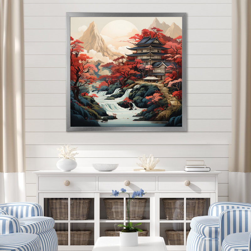 Art asiatique, paysage sur toile, H 36 po x l 36 po x P 1,5 po, Cadre simple argenté
