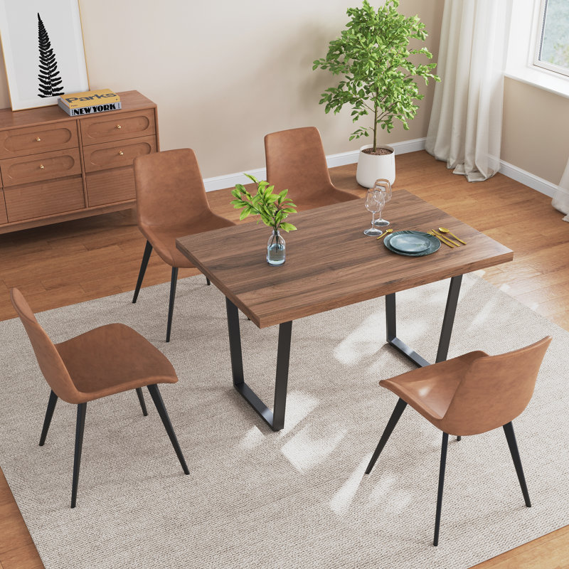 Modern 5-piece Dining Set, Faux Leather Chairs & Metal Legs, Brown