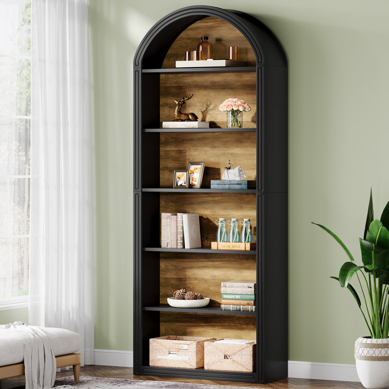 Tall Arched Bookcase, Black, 6 Shelves  (77.16" H x 31.5" W x 11.81" D)