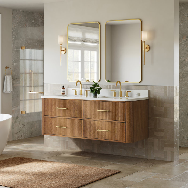 Meuble-lavabo mural double en chêne scandinave de 60 po Francesca, Brun/bronze, Quartz blanc