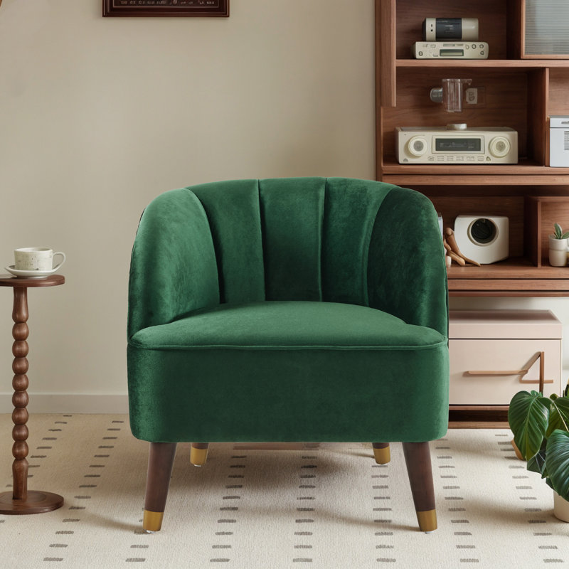 Gabrianna Upholstered Barrel Channel Chair With Wooden Legs, Emerald Polyester