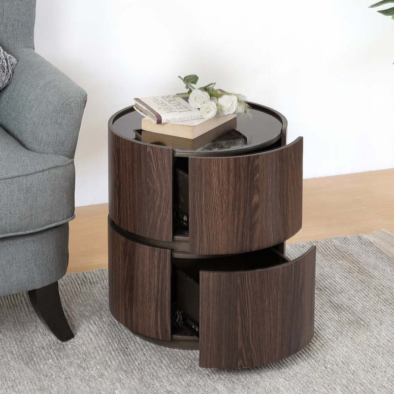 TABLE RONDE DE RANGEMENT DOUBLE COUCHE EN MDF ET HAUTE QUALITÉ, BRUN ET NOIR