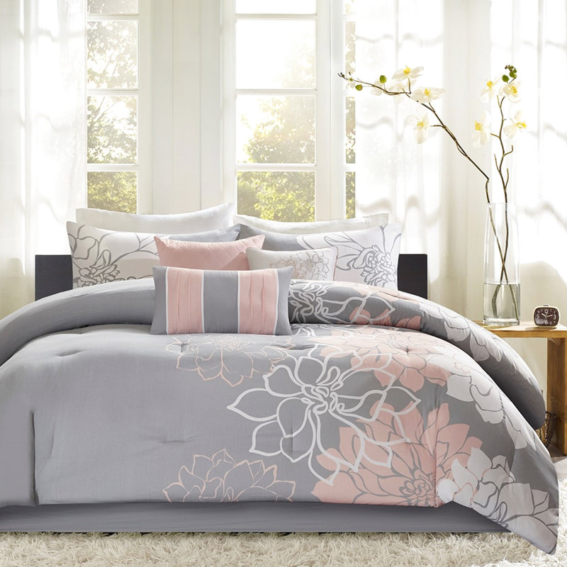 Édredon imprimé en coton pour lit simple / simple TG - gris / pêche, jupe de lit et 3 coussins décoratifs attrayants